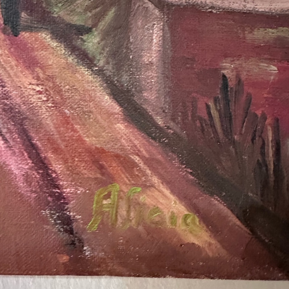 Charming Village Landscape Painting 14 x 18 back of painting in fair condition - Picture 2 of 5